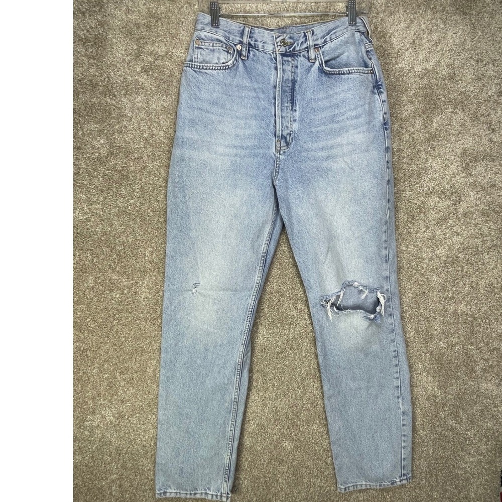 Free People Button Fly Distressed Straight Leg Jeans Women 30 Light Blue Stretch